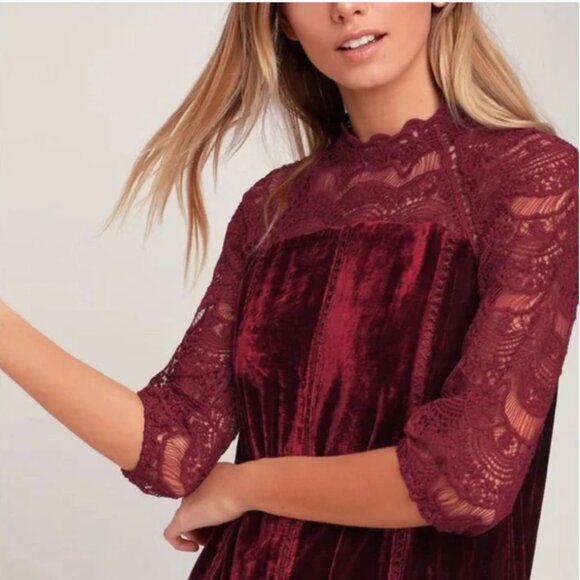 Lulus Love Me Always Dress Burgundy Velvet  Crocheted Lace Sleeves Shift Sz XS - Picture 2 of 16